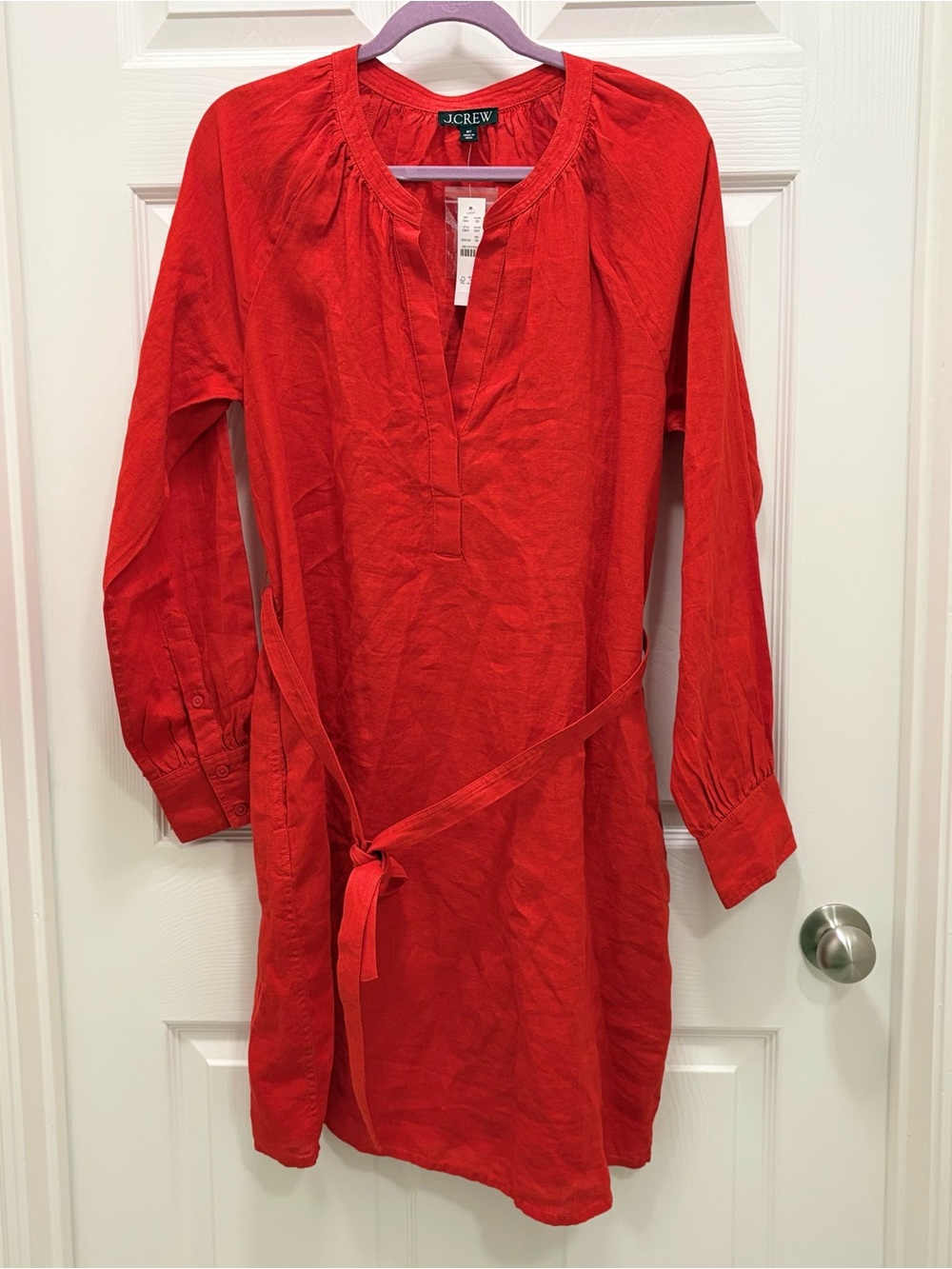 NWT J. Crew Linen V-neck Tunic Dress Medium Tall Radiant Red Belted Long Sleeve
